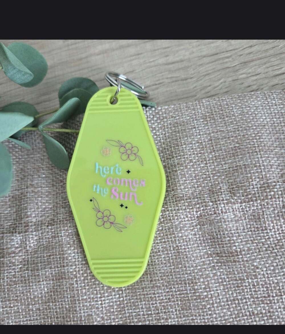 Handmade motel style keychains here comes the sun green happy good vibes